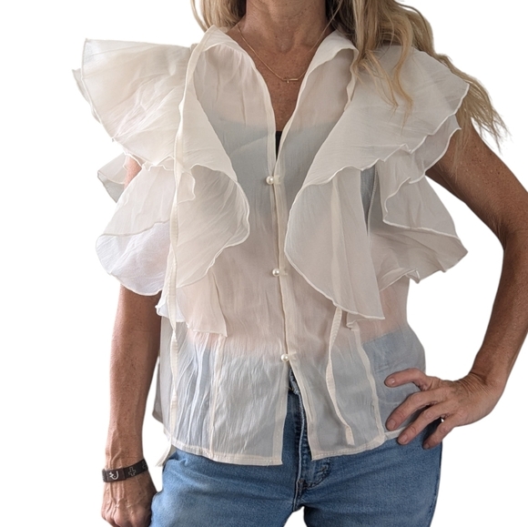 RDY by Rafi Pina Sheer Ruffle Sleeve Blouse Ivory Button Front Feminine Top S - Picture 2 of 12